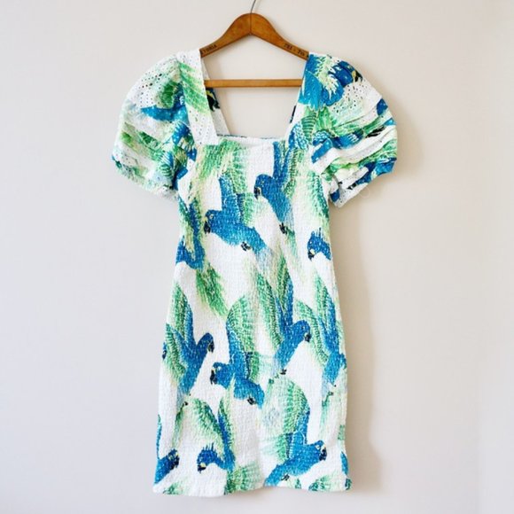 Farm Rio Araras Parrot Bird Print Eyelet Smocked Short Puff Sleeve Mini Dress - Picture 8 of 8